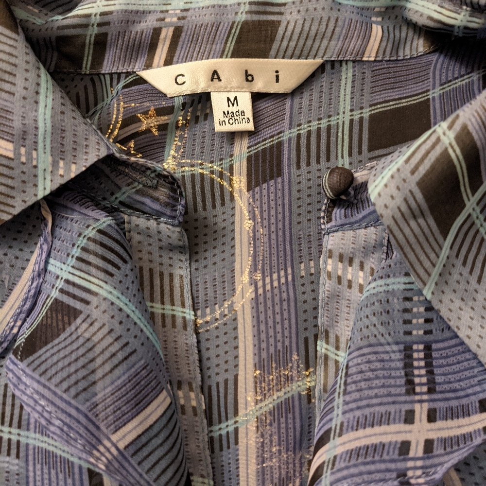 CAbi Penelope Plaid Ruffle Blouse Top Blue Sheer